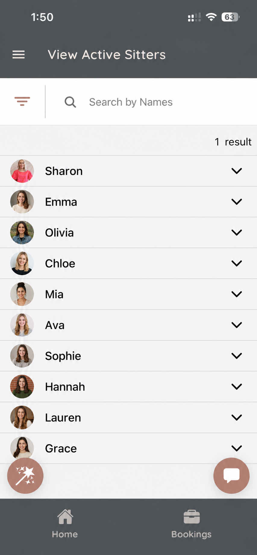 App screen listing active local sitters with photos