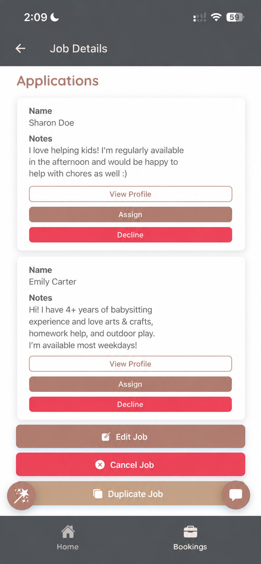 App screen showing applicants for a job with View Profile and Assign buttons