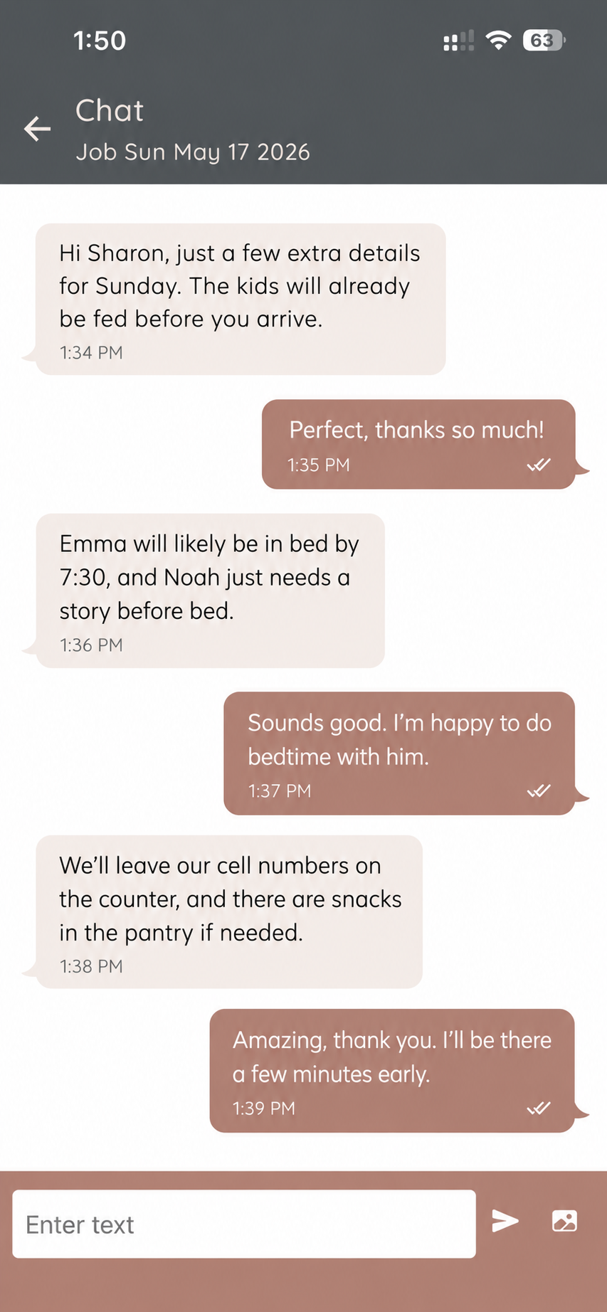 In-app chat between a parent and their sitter